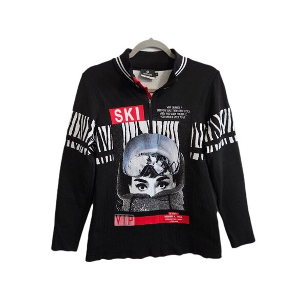 Newland Ski Gstaad Half Zip Sweater Pullover Audrey Hepburn Black White Red L - Picture 2 of 11